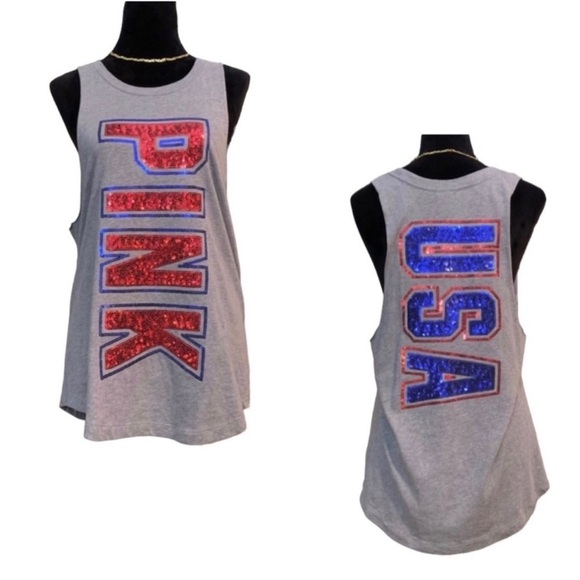 PINK Victoria's Secret Tops - Victorias Secret PINK NWT Gray Sleeveless “USA” Sequin Muscle Tank XS